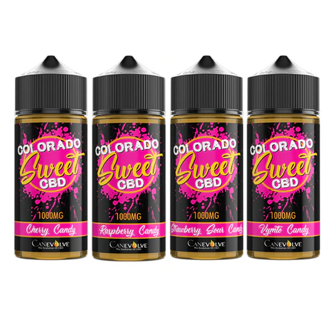 Four bottles of Colorado Sweet CBD with different flavors on a white background