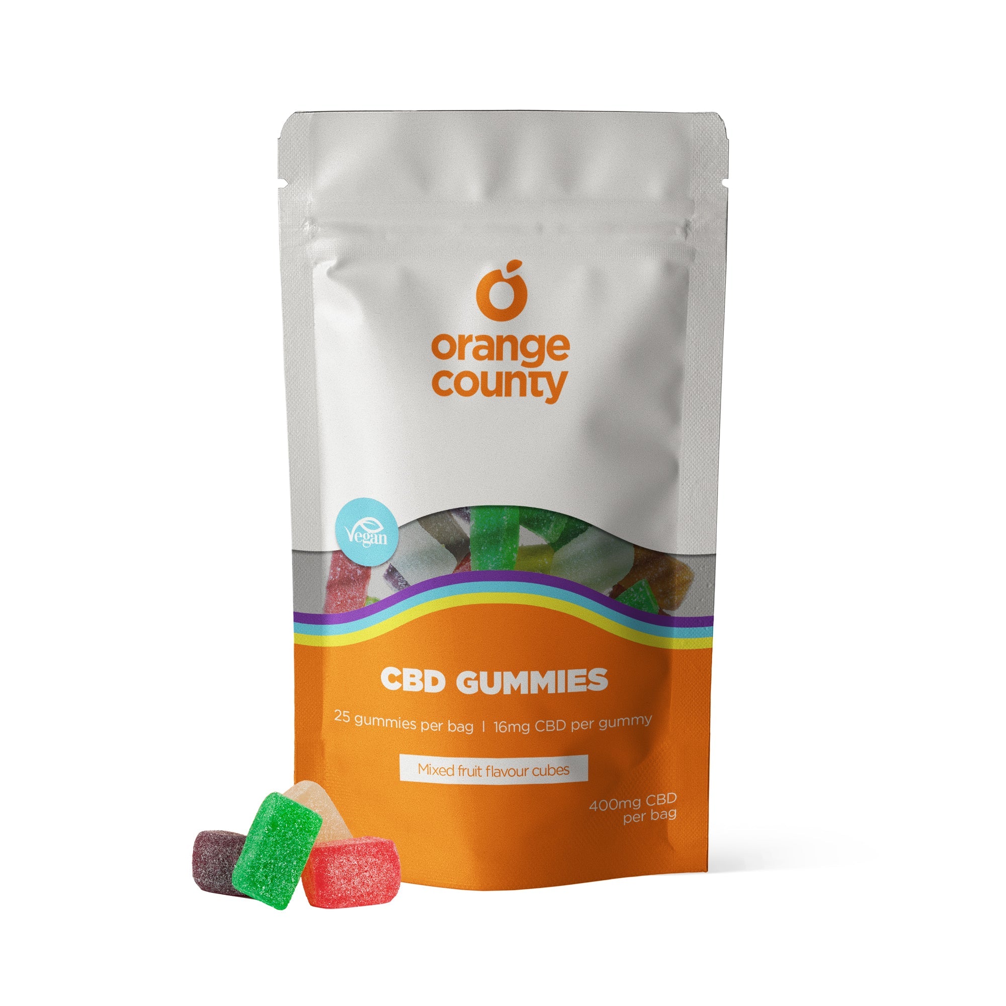 Orange County CBD Gummies packaging with gummies in front on a white background