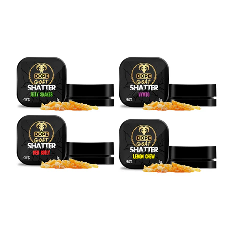 Black containers labeled 'Dope Goat Shatter' with various flavors on a white background.