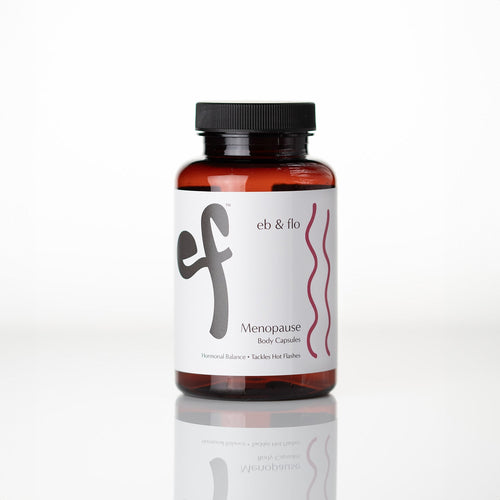 Bottle of eb & flo Menopause Body Capsules on a white background