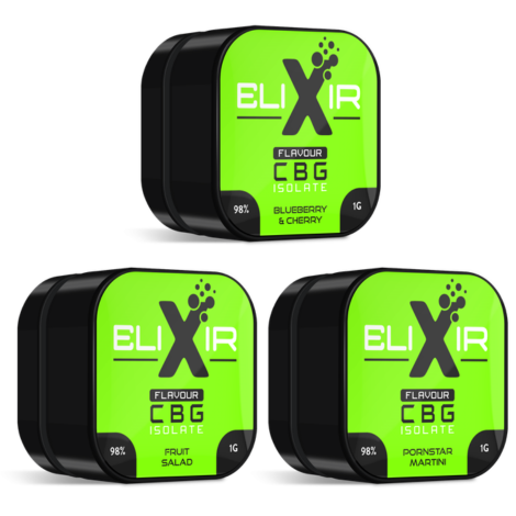 Three green and black containers of Elixir CBG isolate on a white background