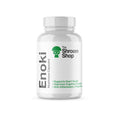 Bottle of Enoki mushroom capsules from The Shroom Shop on a white background
