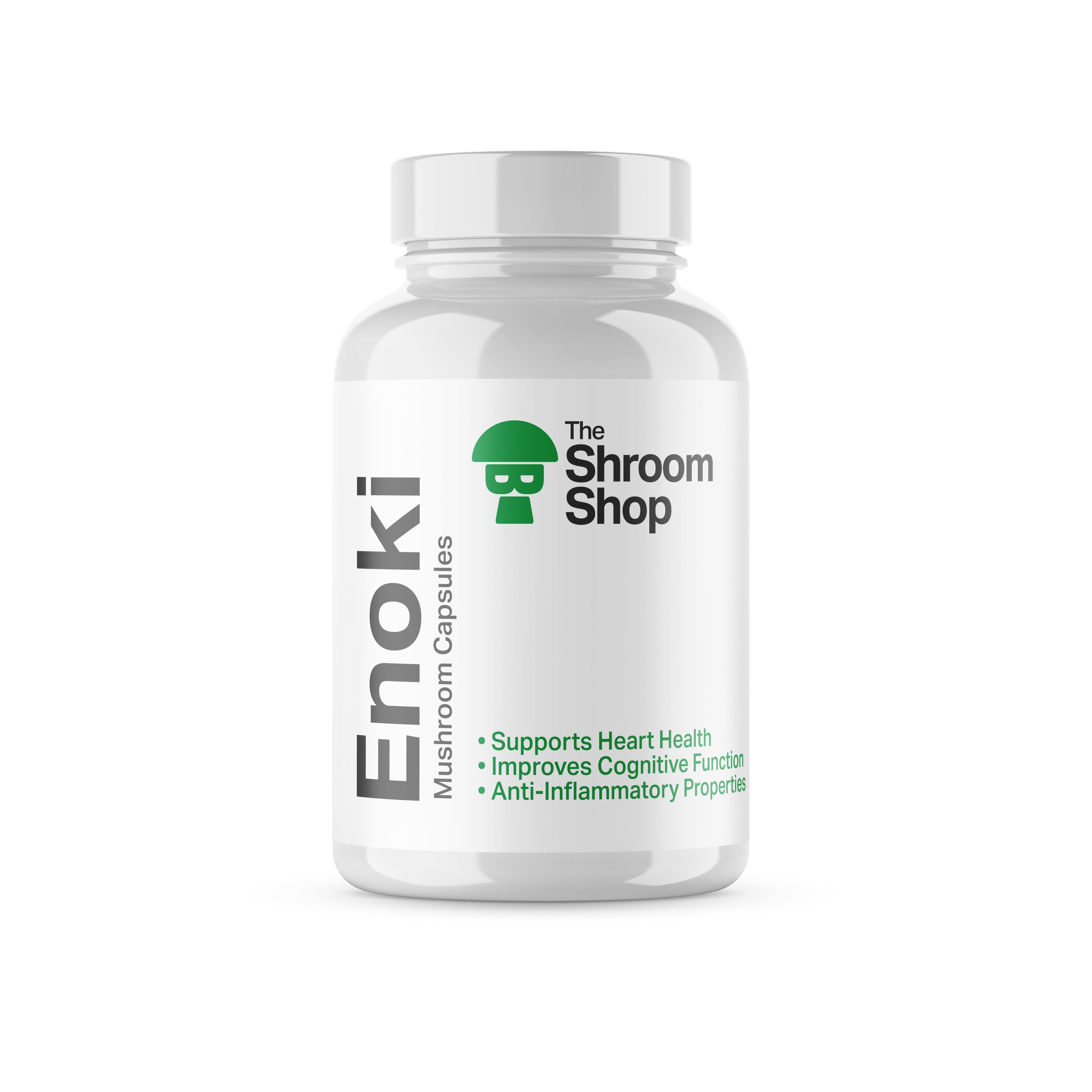 Bottle of Enoki mushroom capsules from The Shroom Shop on a white background