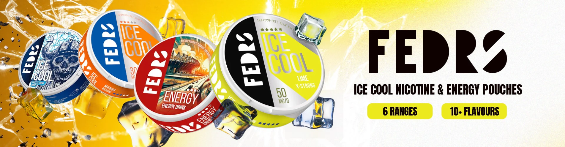 Promotional banner for Fedrs ice cool nicotine and energy pouches with colorful packaging and branding.