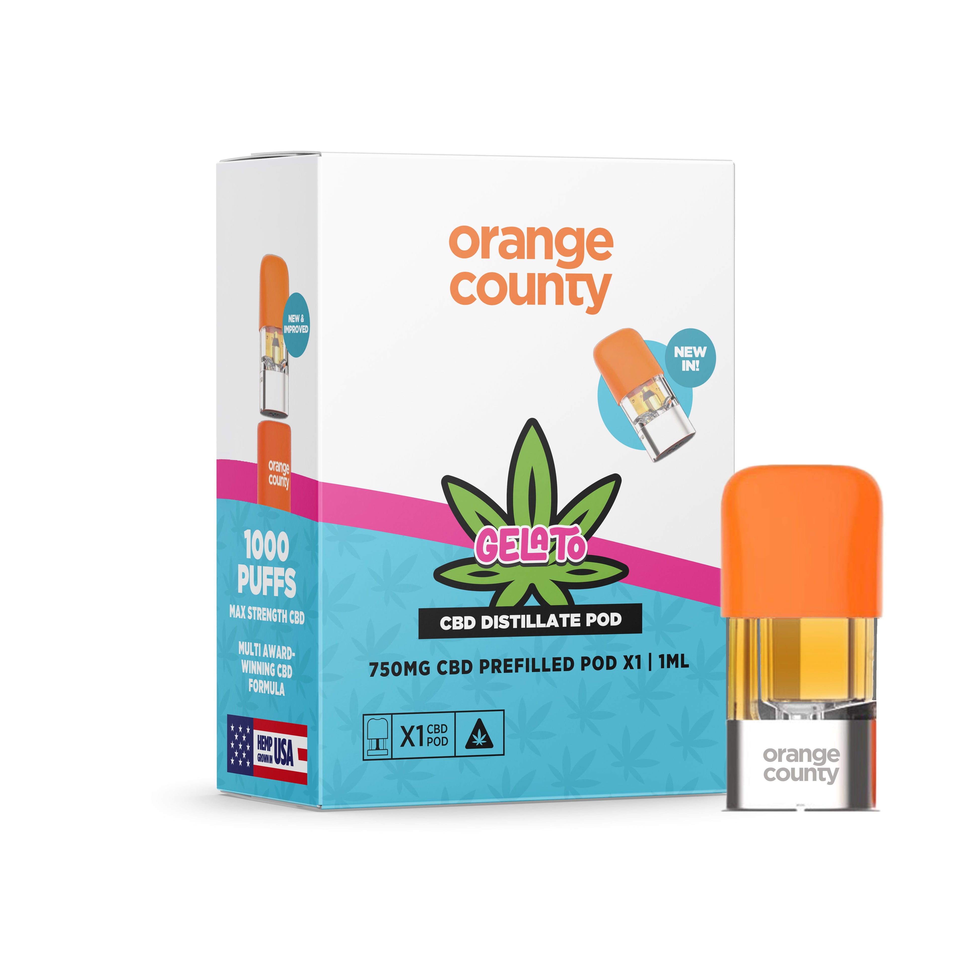 Orange County CBD distillate pod packaging with a pod on a white background