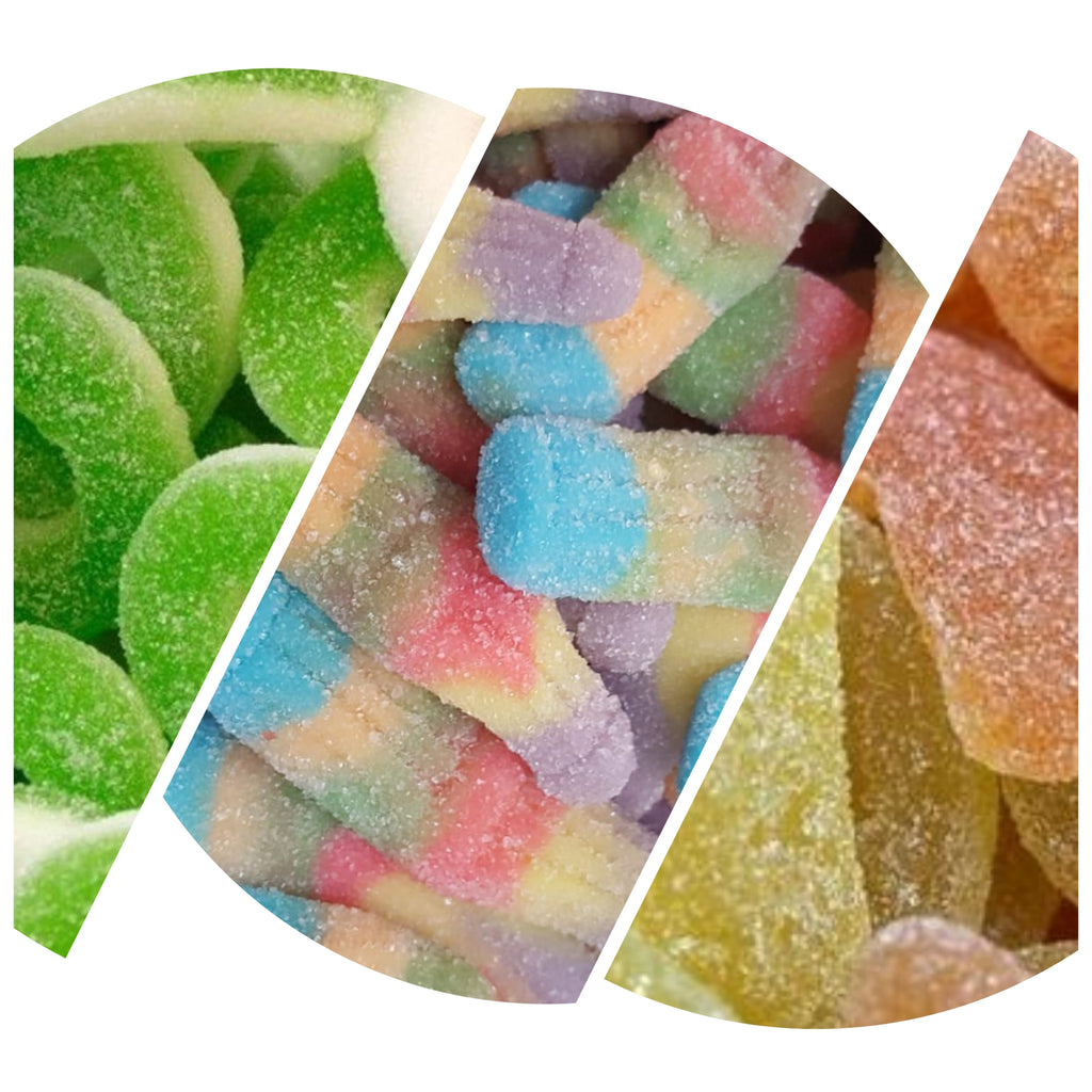 Collage of colorful gummy candies in various shapes and colors.
