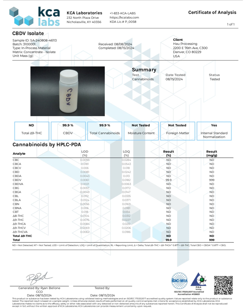 Certificate of Analysis from KCA Labs for a CBDV isolate sample.