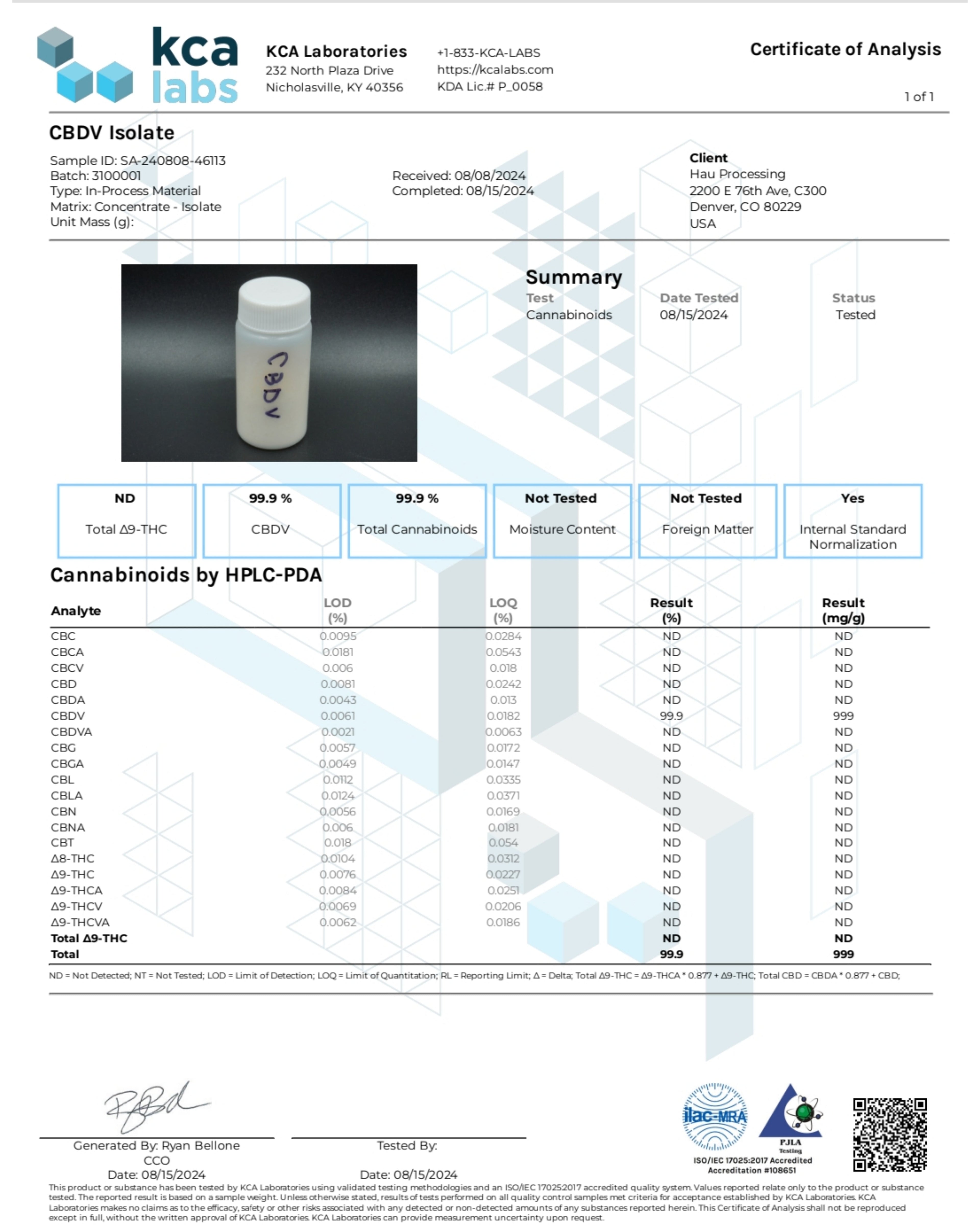 Certificate of Analysis from KCA Labs for a CBDV isolate sample.