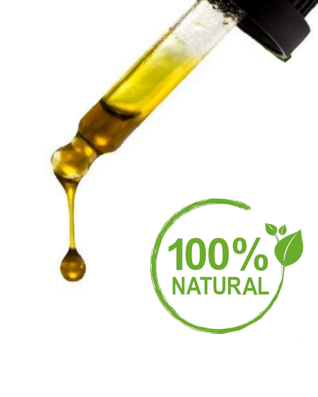 Bottle of oil with a dropper and '100% natural' label on a white background