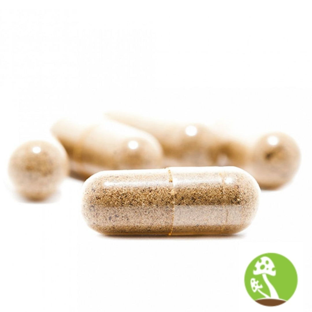 Close-up of a capsule with a blurred background and a green logo in the corner.