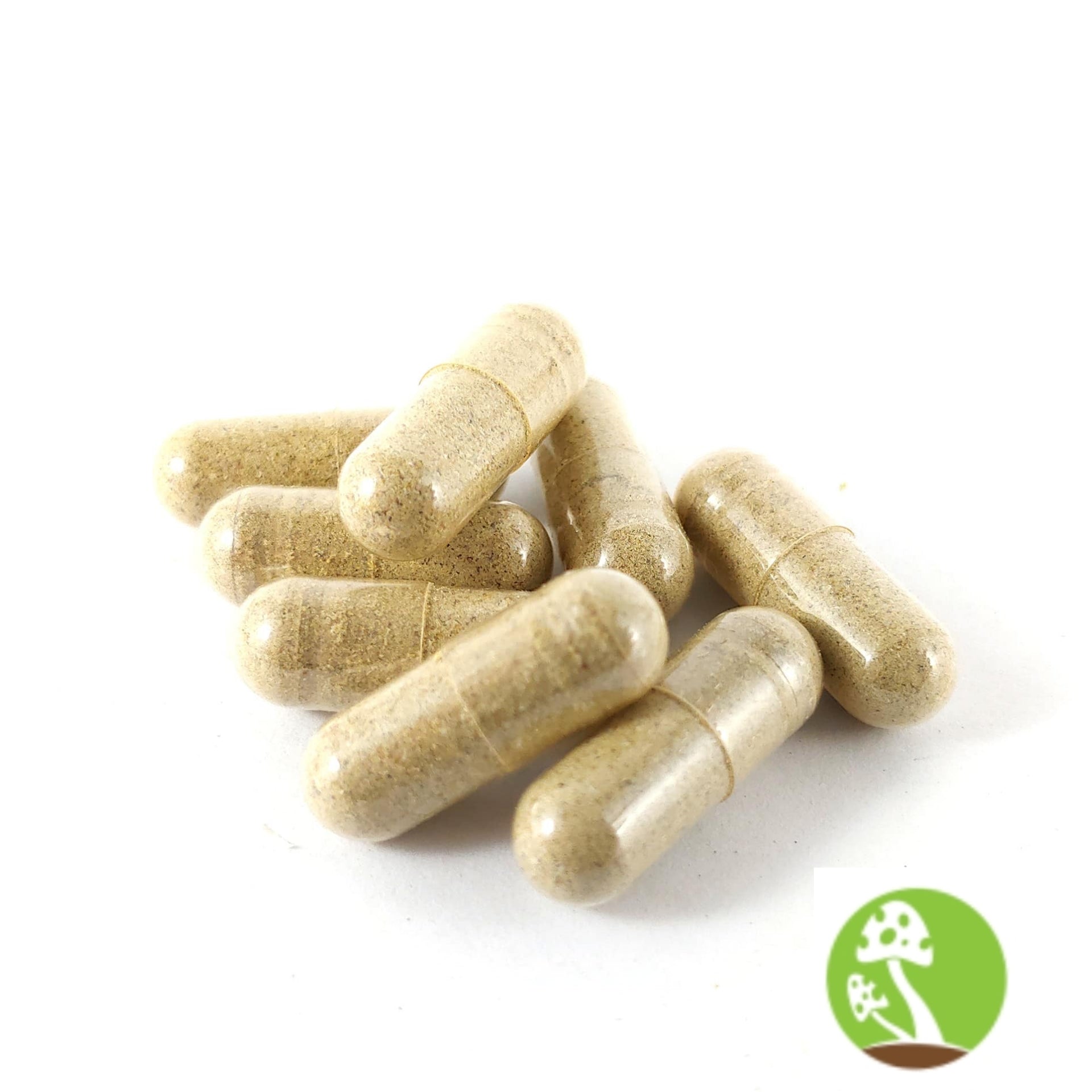 Beige capsules on a white background with a green logo in the corner.