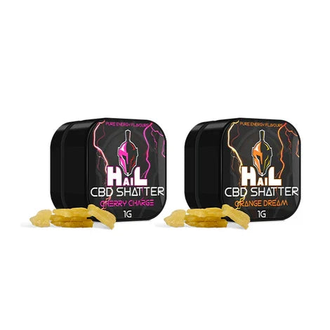 Two containers of Hail CBD Shatter with colorful labels on a white background