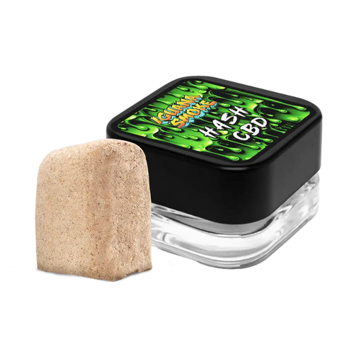 Hash CBD product with a black container and green label on a white background