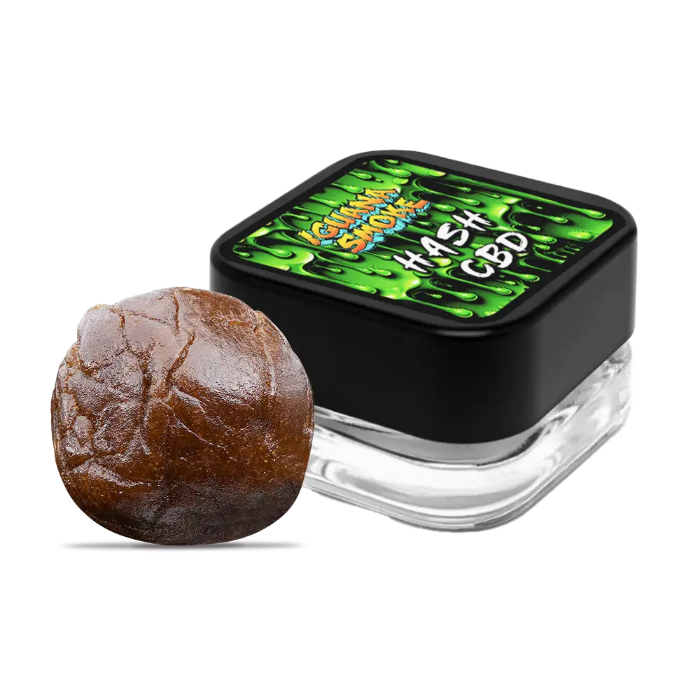 Hash CBD product with a clear container and black lid featuring branding on a white background