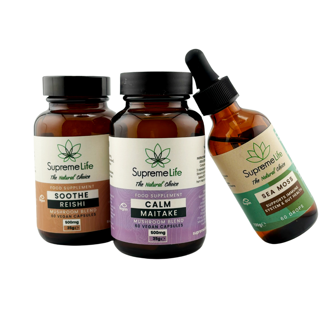 Three bottles of Supreme Life supplements on a white background