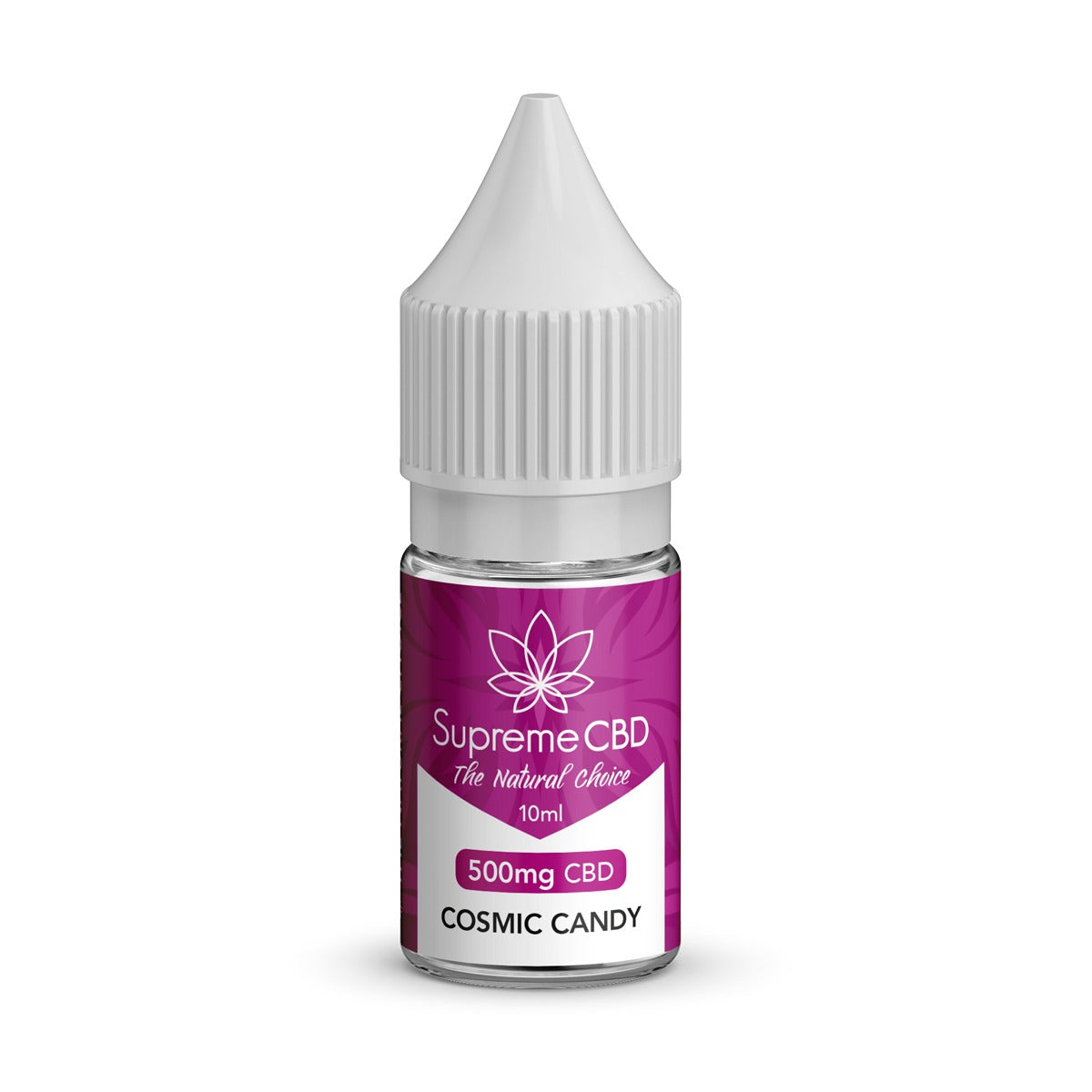 Supreme CBD bottle with pink label on a white background