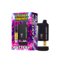 A black Iguana Smoke Cartbox Battery vape device standing next to its colorful retail box featuring a purple, pink, and blue lightning design with the text 'IGLIANA SMOKE' and 'BATTERY'.