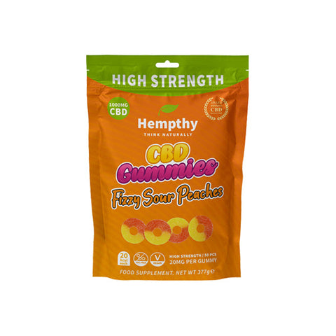 Hempthy 1000mg CBD Fizzy Sour Peach Rings Gummies - 50 Pieces Default Title