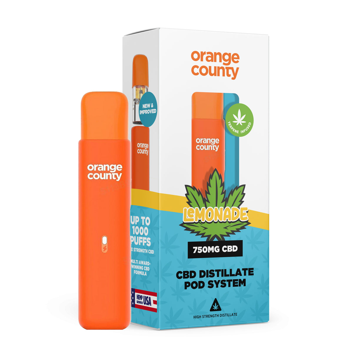 Orange County CBD vape pod and packaging on a white background