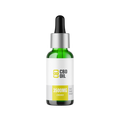 CBD oil dropper bottle with label on a white background