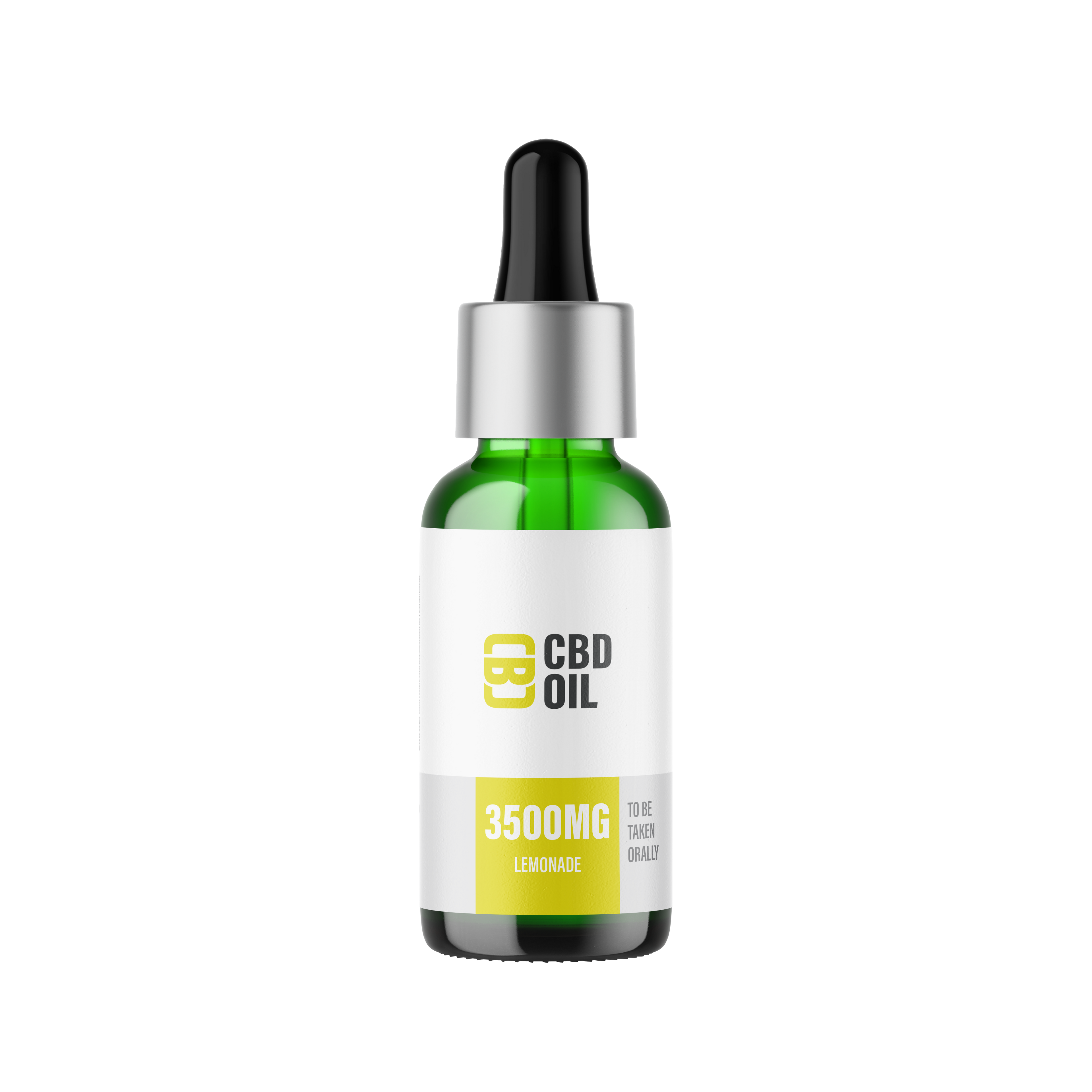 CBD oil dropper bottle with label on a white background