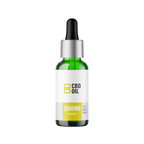 CBD oil dropper bottle with label on a white background