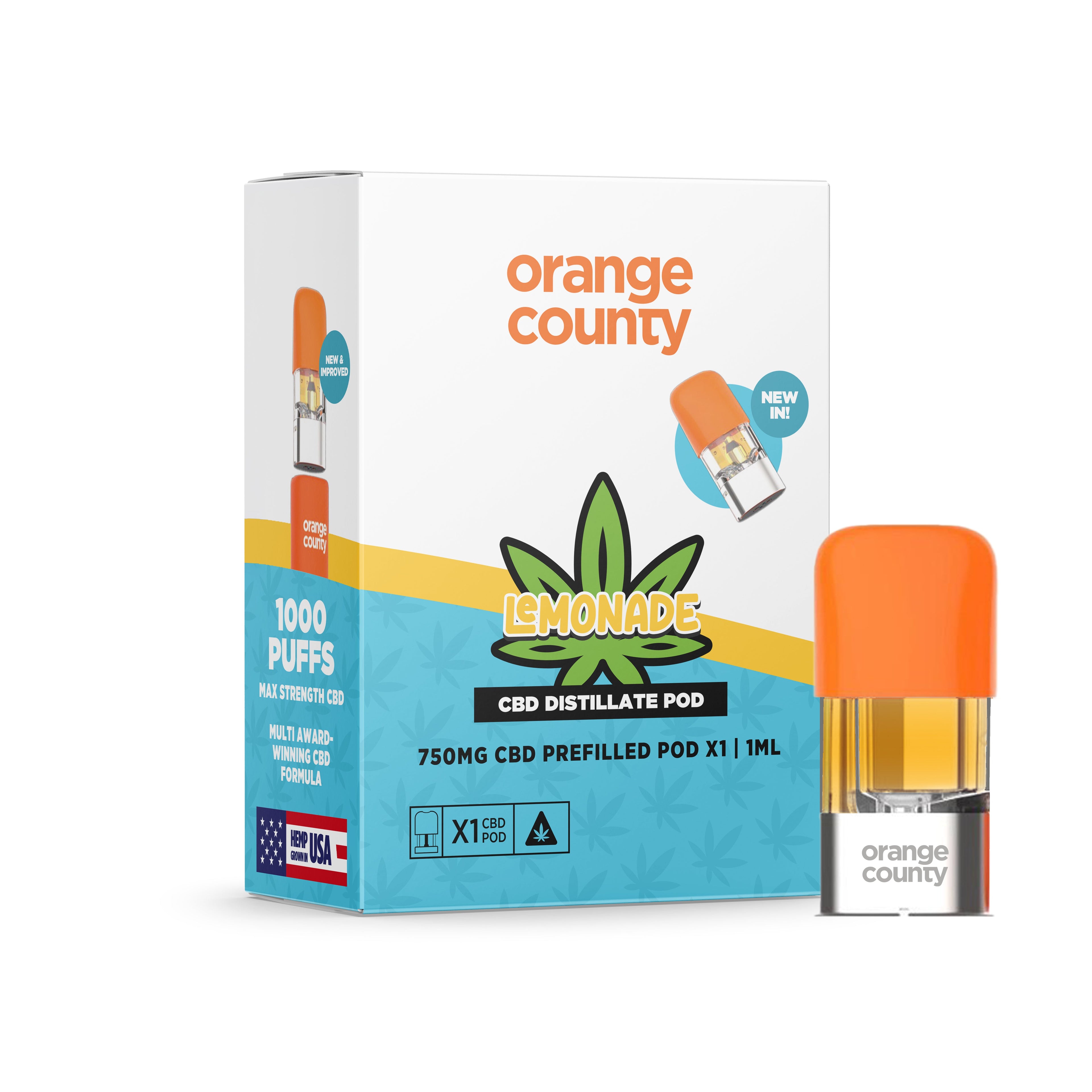 Orange County CBD vape pod and packaging on a white background