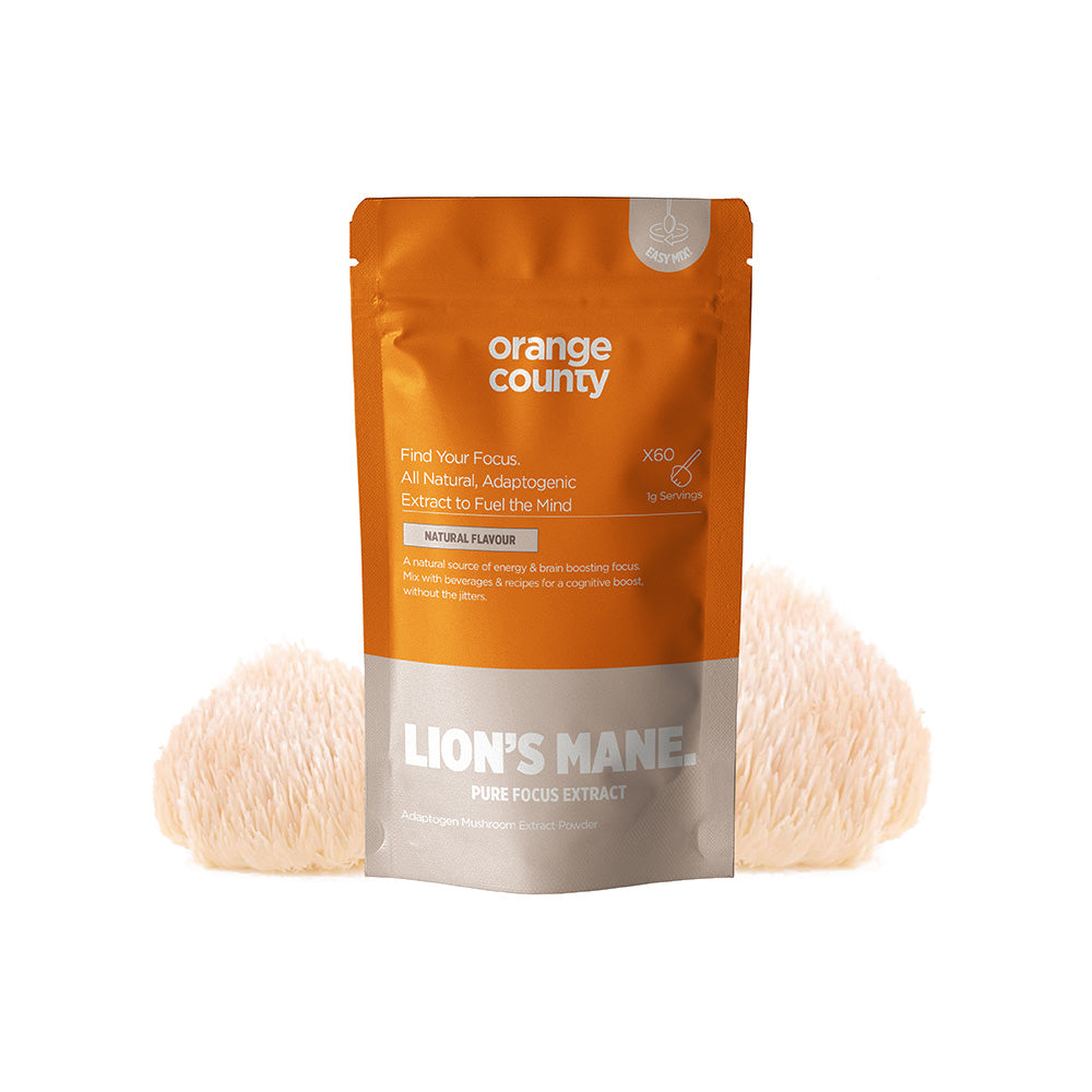 Orange County Lion's Mane supplement package with a white background