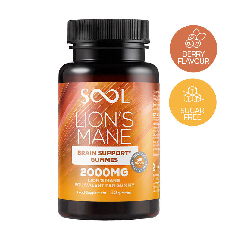 Bottle of SOUL Lion's Mane brain support gummies with berry flavor and sugar-free label on a white background.