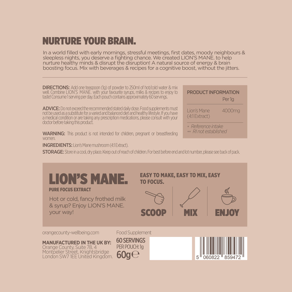 Back label of Lion's Mane supplement packaging with text and product information.