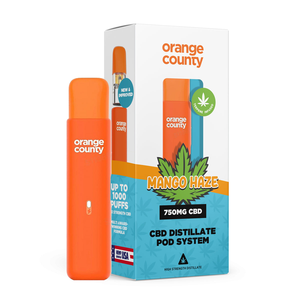 Orange County CBD vape pod and packaging on a white background