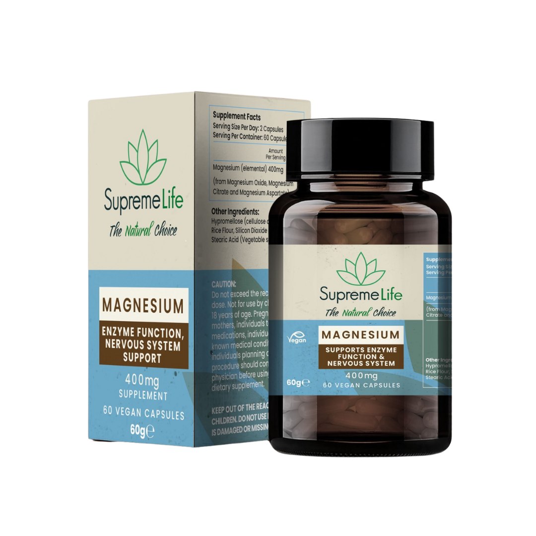 Supreme Life magnesium supplement bottle and packaging on a white background