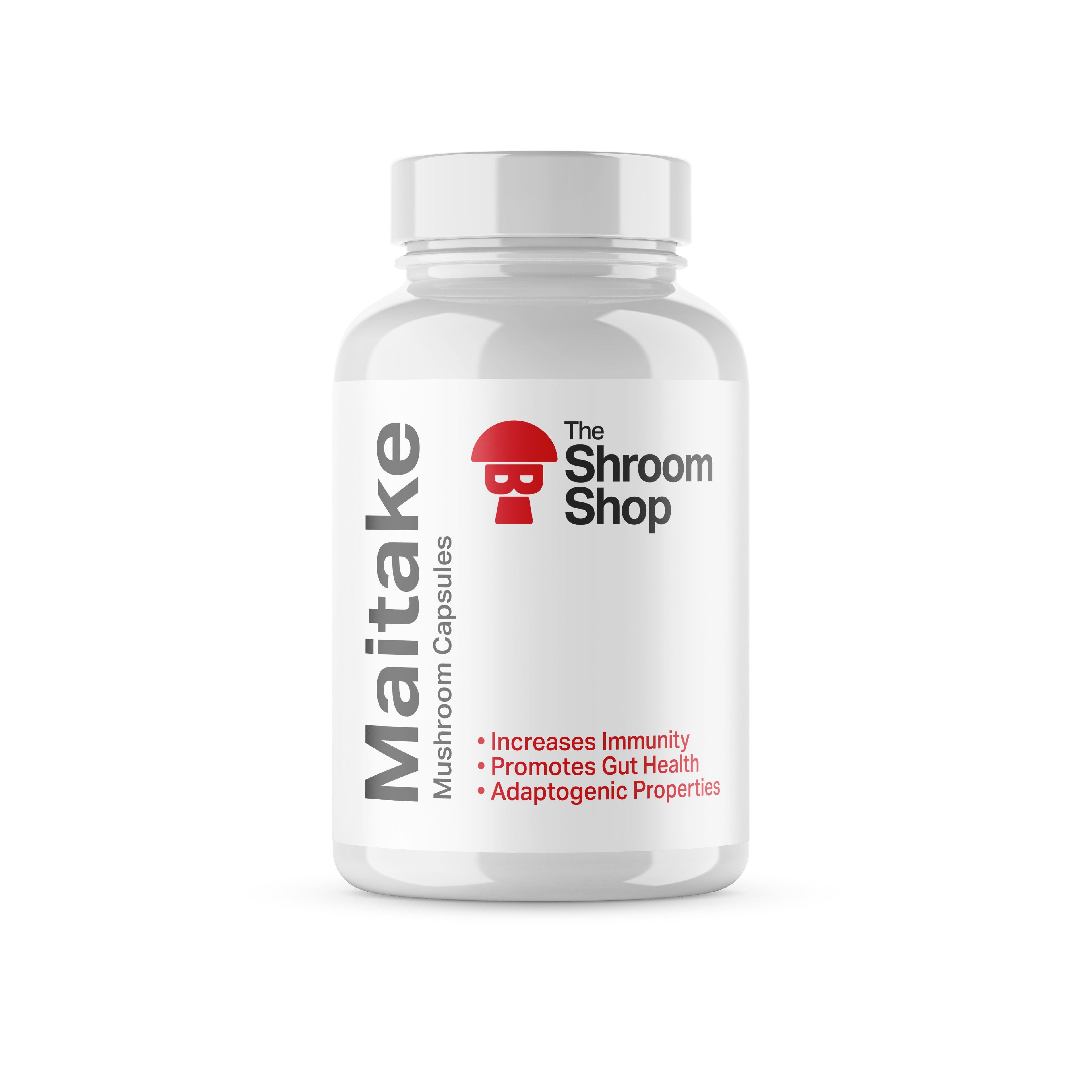 Bottle of Maitake mushroom capsules from The Shroom Shop on a white background