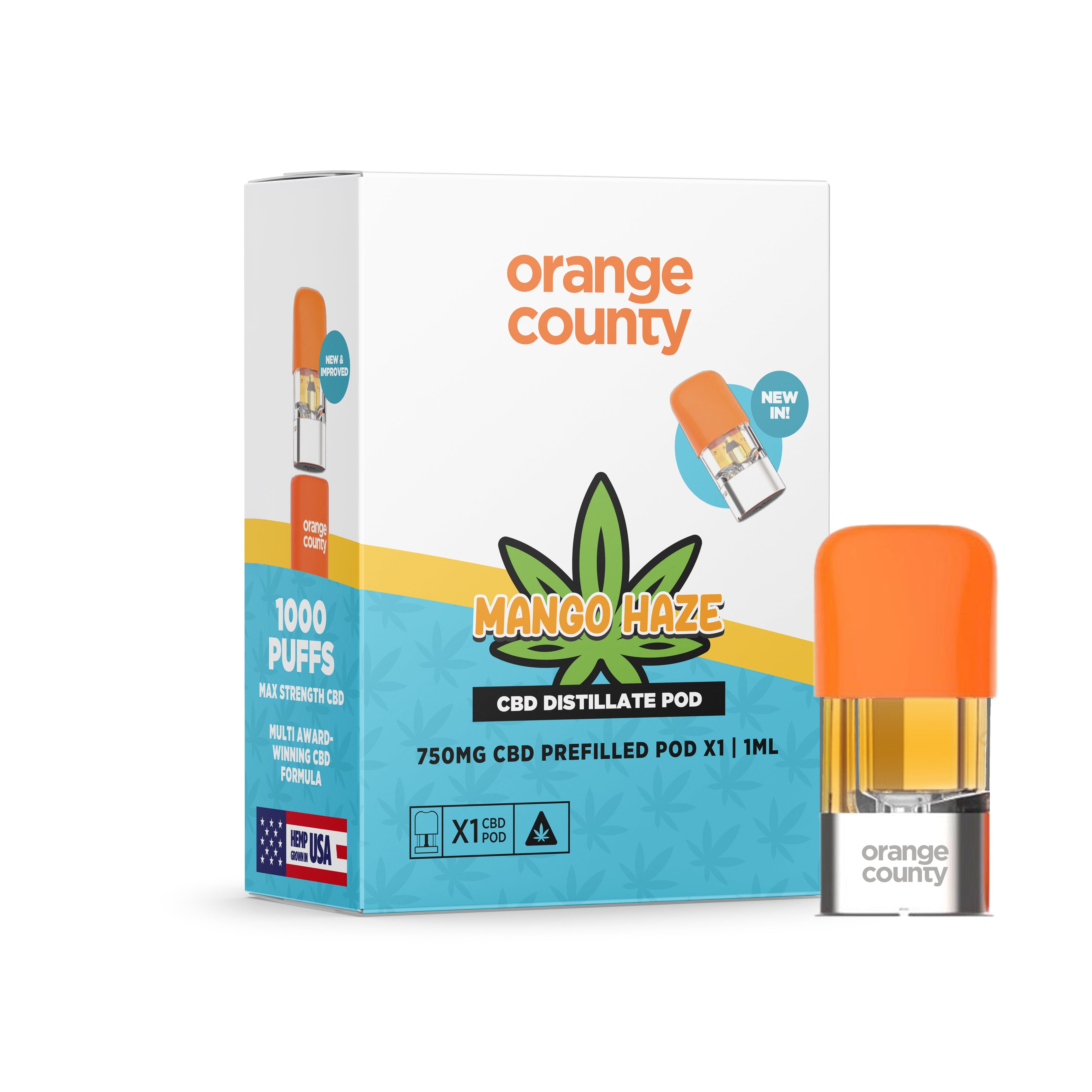 Orange County CBD vape pod and packaging on a white background