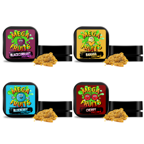 Four containers of Mega Fruits snacks with colorful labels on a white background