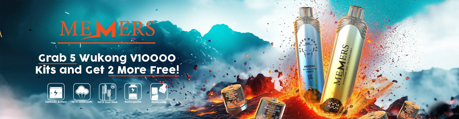 Promotional banner for MEMERS with vape products and promotional text on a dynamic background.