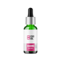 CBD oil dropper bottle with green glass and white label on a white background