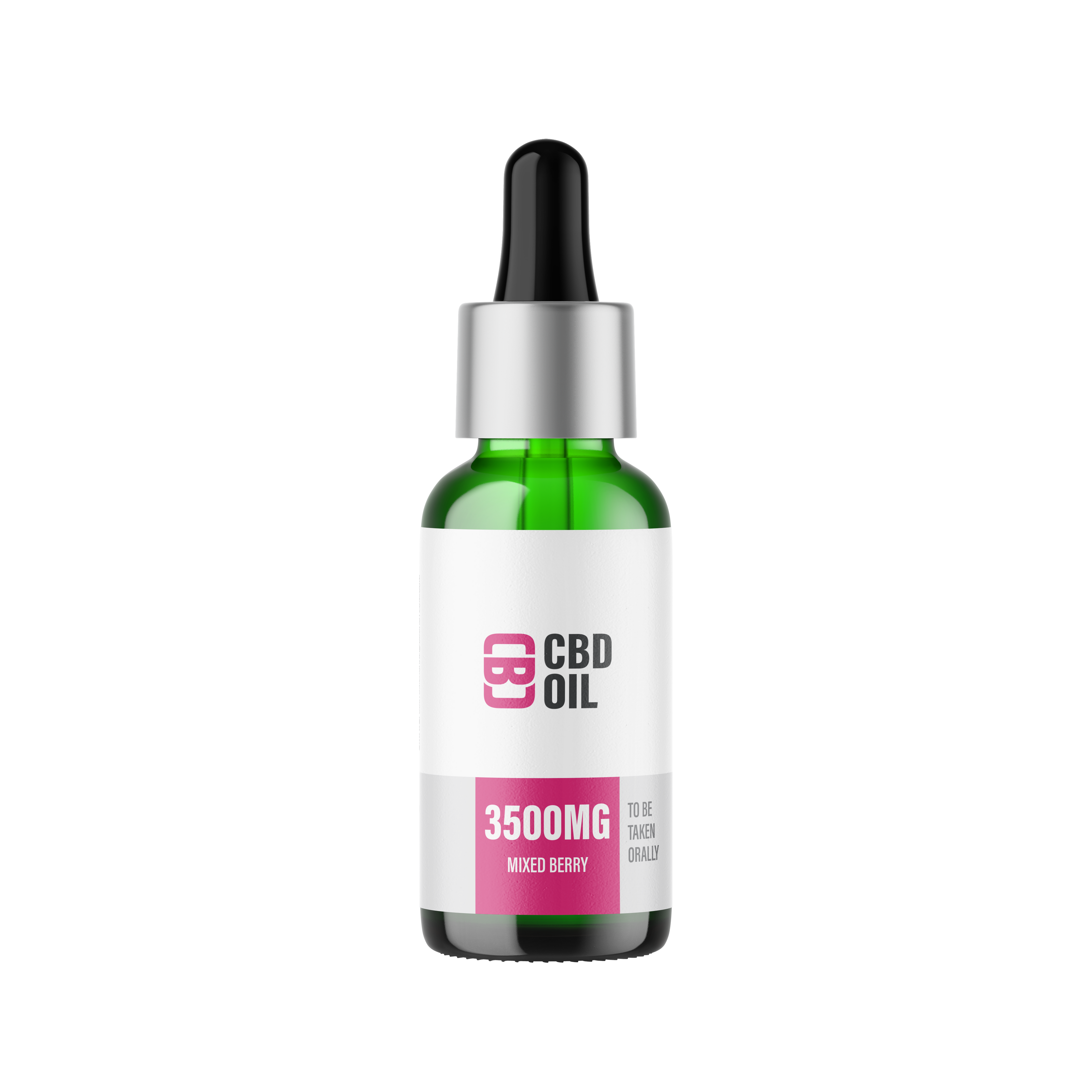 CBD oil dropper bottle with green glass and white label on a white background