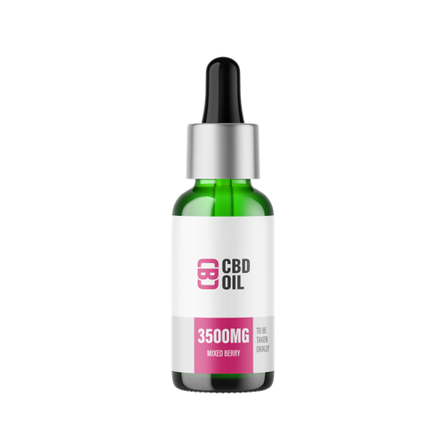 CBD oil dropper bottle with green glass and white label on a white background