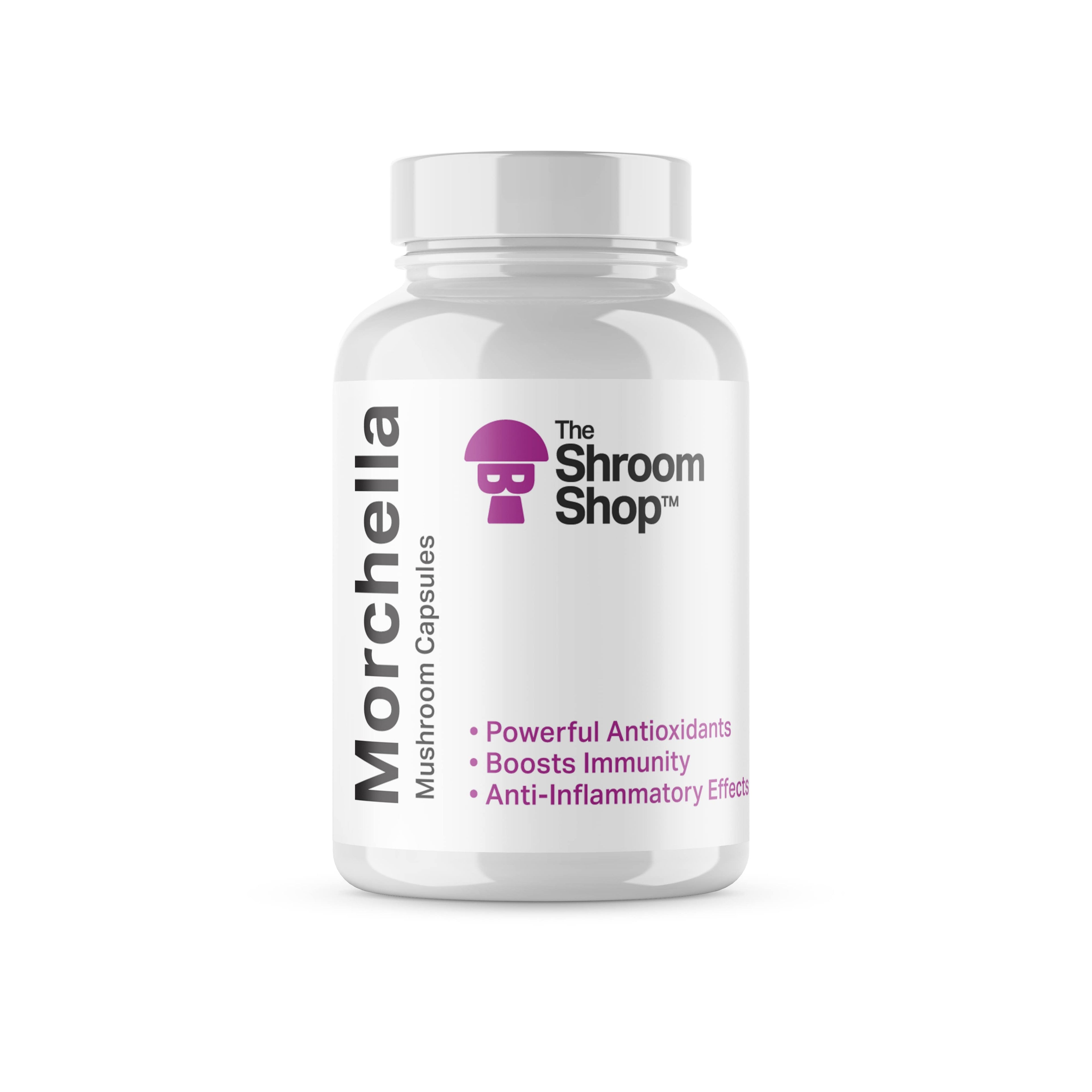 Bottle of Morchella mushroom capsules from The Shroom Shop on a white background