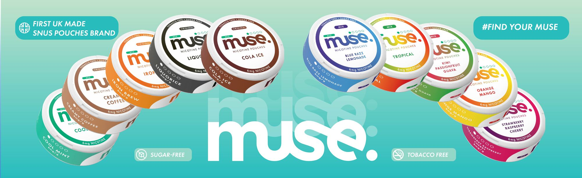 Muse snack pouches in various flavors on a teal background