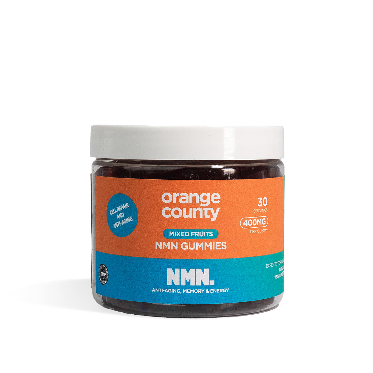 Jar of Orange County NMN Gummies with an orange and blue label on a white background