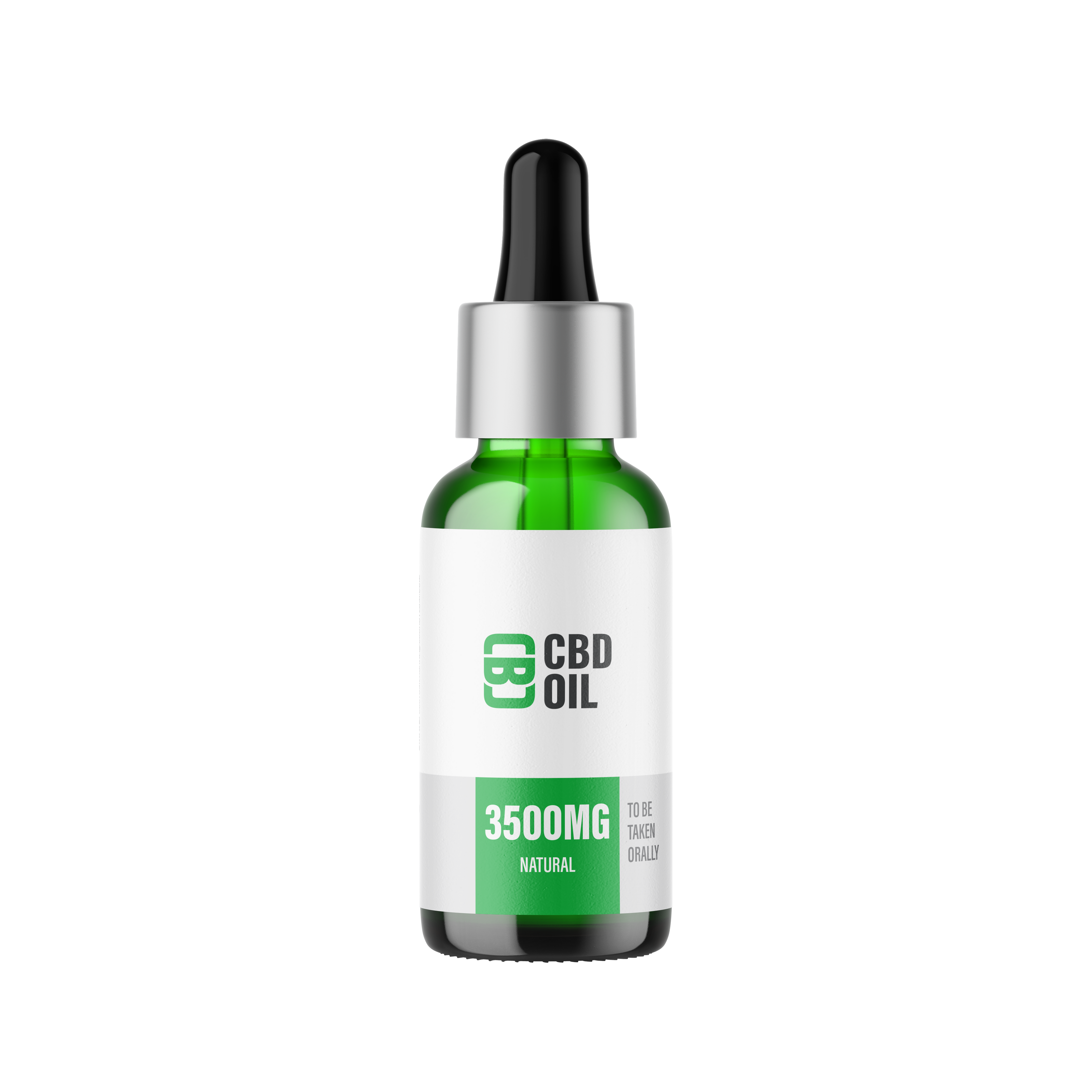 CBD oil dropper bottle with green label on a white background