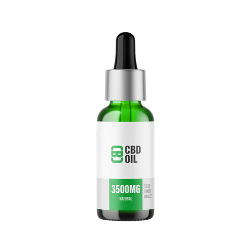 CBD oil dropper bottle with green label on a white background