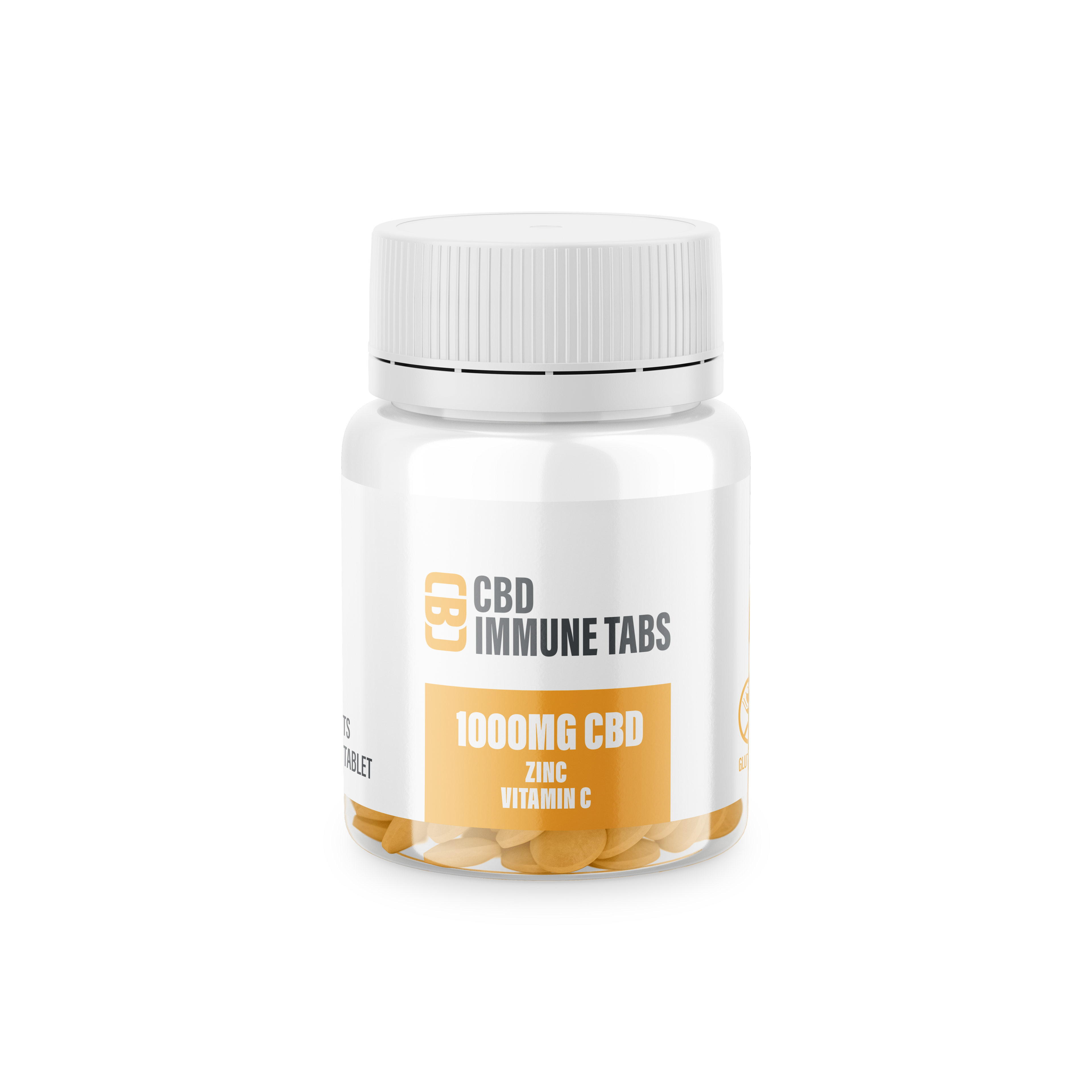 Jar of CBD Immune Tabs with a white label on a white background