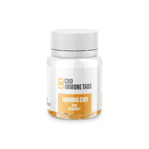 Jar of CBD Immune Tabs with a white label on a white background