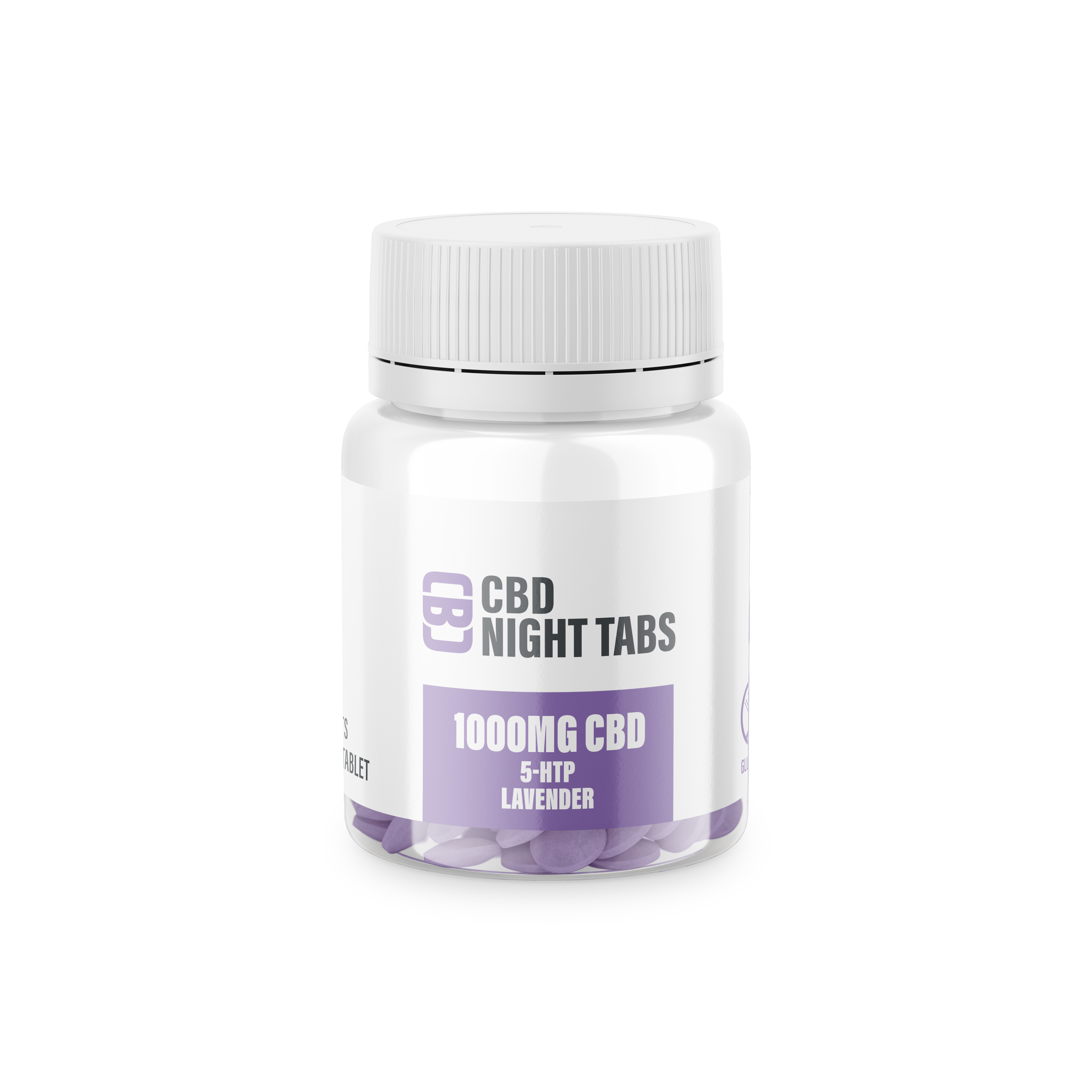 Jar of CBD Night Tabs with white and purple label on a white background