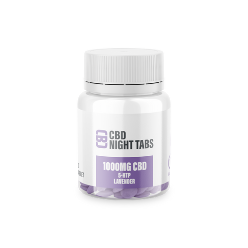 Jar of CBD Night Tabs with white and purple label on a white background