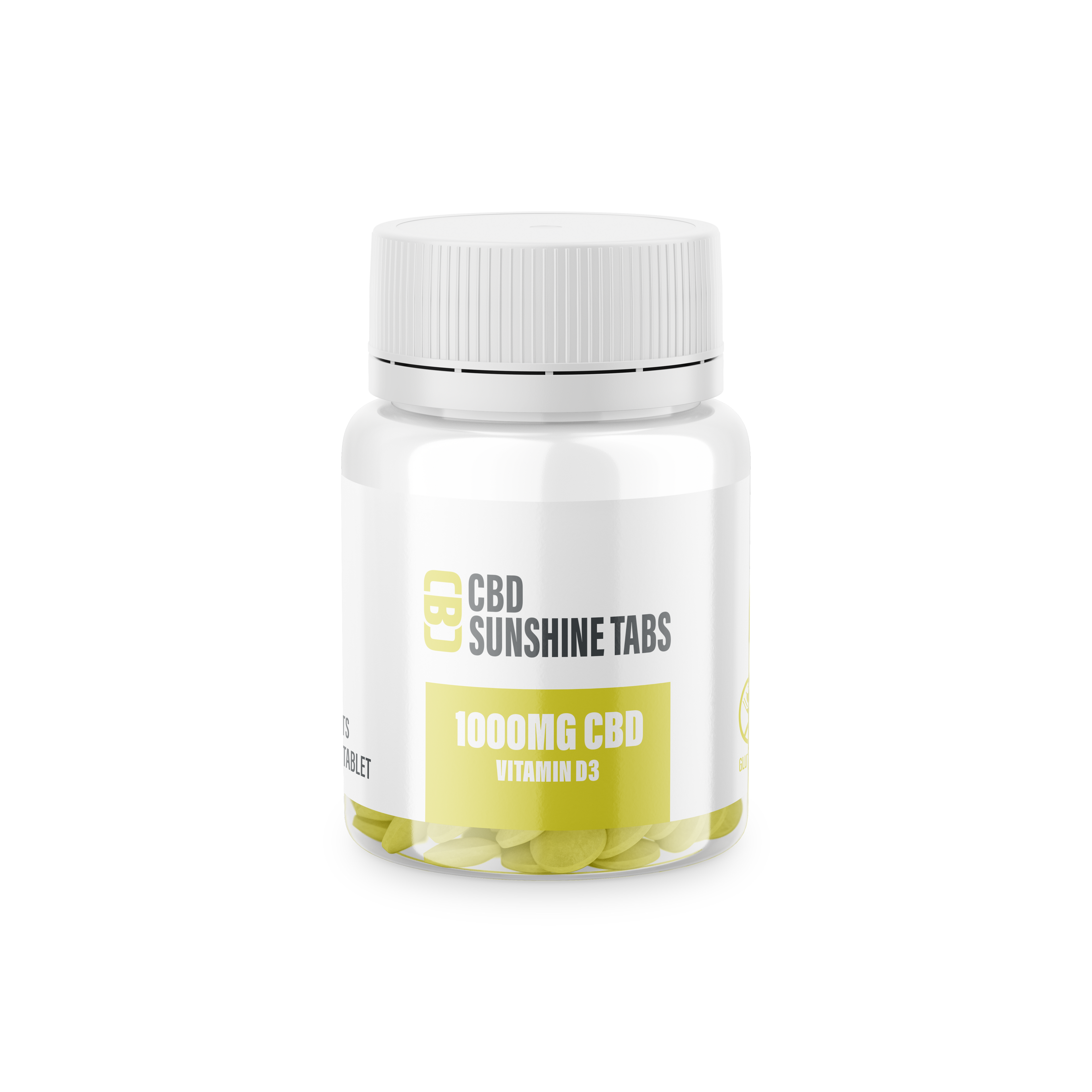 Jar of CBD Sunshine Tabs with 1000MG CBD and Vitamin D3 on a white background
