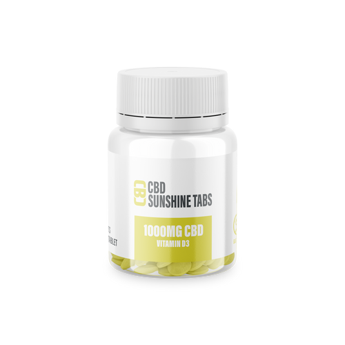Jar of CBD Sunshine Tabs with 1000MG CBD and Vitamin D3 on a white background